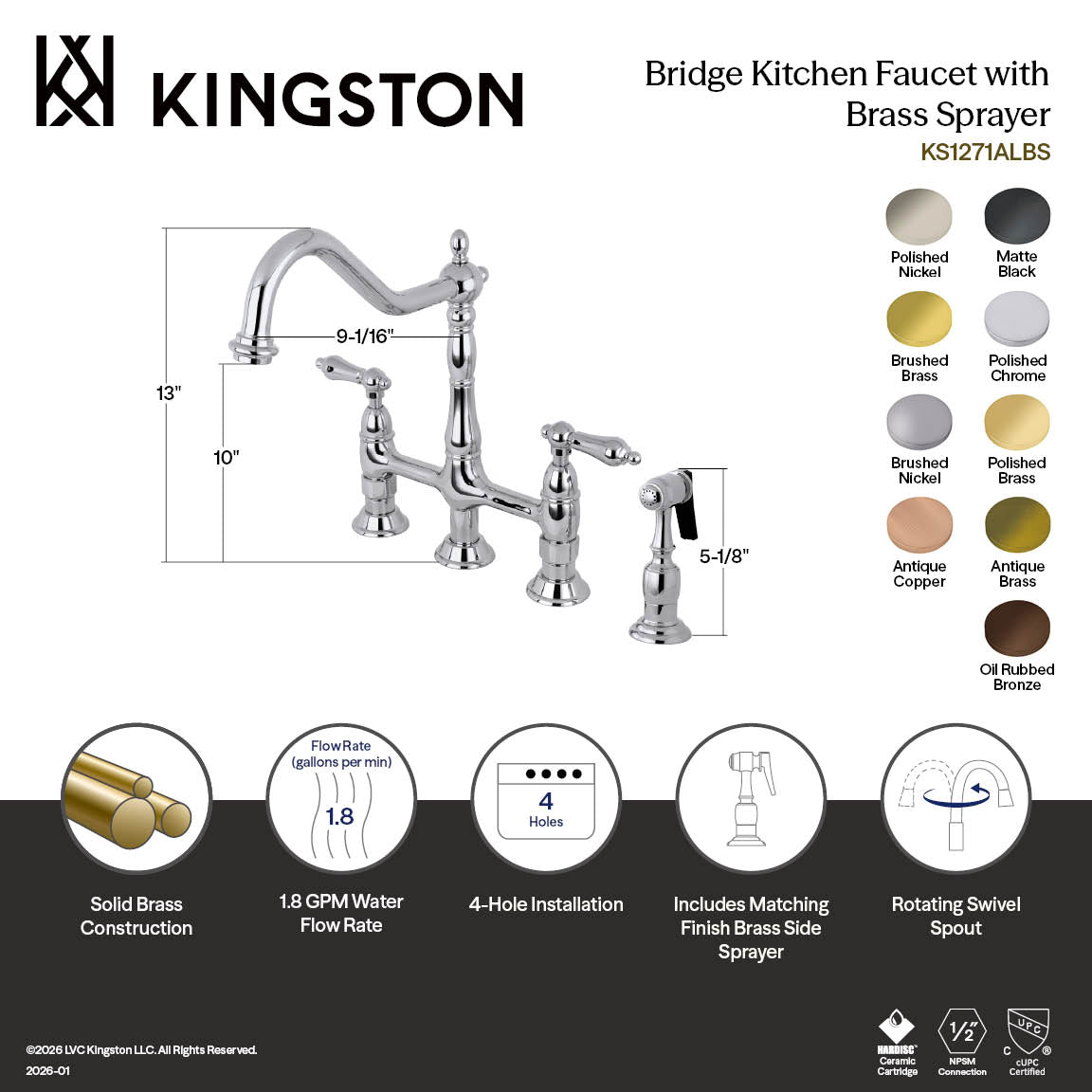 Kingston Heirloom KS1272ALBS - Heritage Two-Handle 4-Hole Deck Mount Bridge Kitchen Faucet with Brass Sprayer, Polished Brass — thumbnail 2